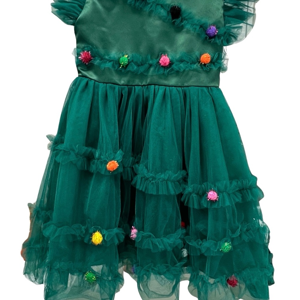 Girls Green Dress with Colorful Pom Poms